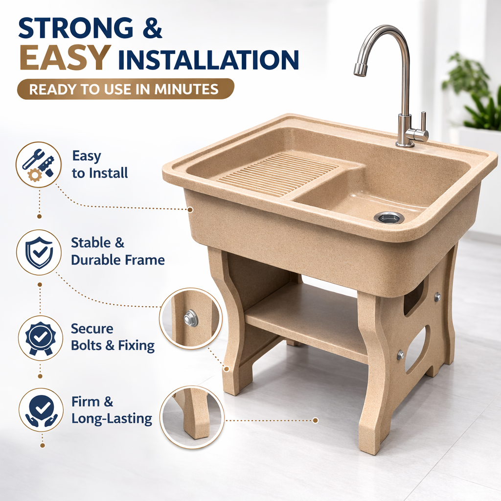 อ่างล้างจานขาตั้ง หินควอตซ์ 1 หลุม 1 ที่พัก DINOSAUR WASHTUB ขนาด 80X70X23ซม. สี SAND_6